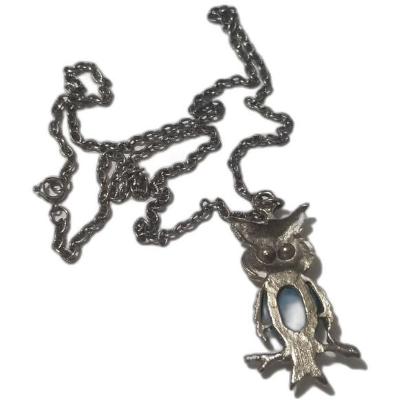 60s Vintage Turquoise Belly Green Crystal Eyes Owl Pendant Chain Link Necklace - Picture 6 of 7